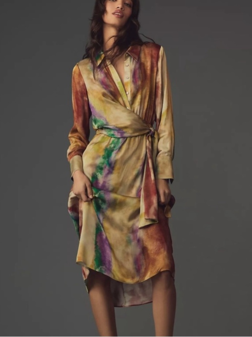 Anthropologie Long-Sleeve Tie-Front Midi Shirt Dress
